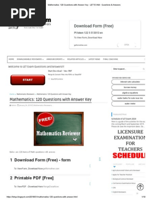 Mathematics_ 120 Questions With Answer Key - LET EXAM - Questions & Answers