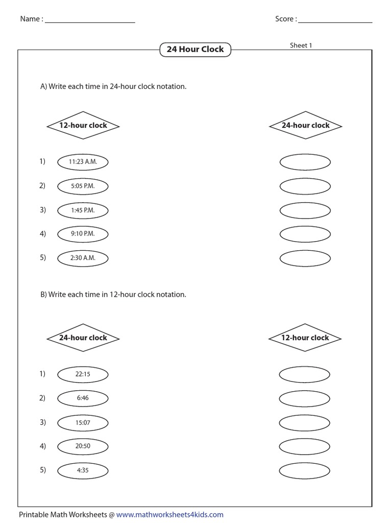 12-Hour Clock 24-Hour Clock | PDF | Scientific Observation | Scientific Modeling for Free Printable 24 Hour Clock Worksheets
