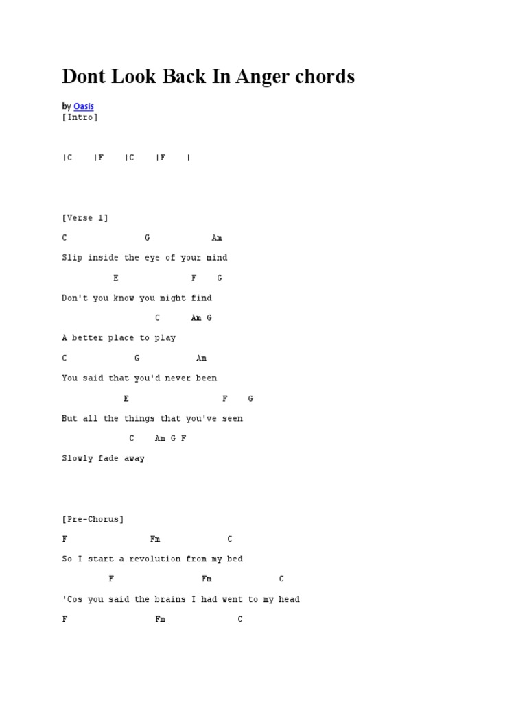 Dont Look Back In Anger Chords Docx Song Structure Songs
