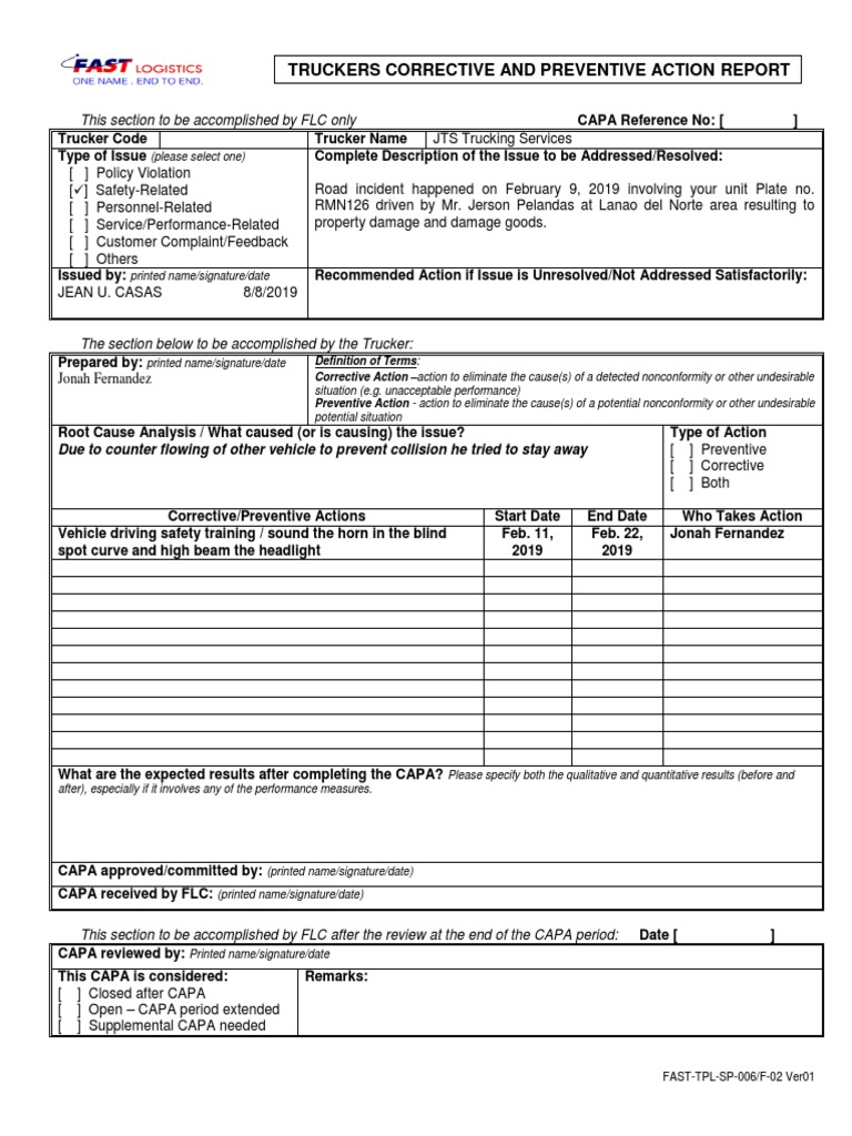 Truckers CAPA Report Template | PDF | Truck Driver | Transport