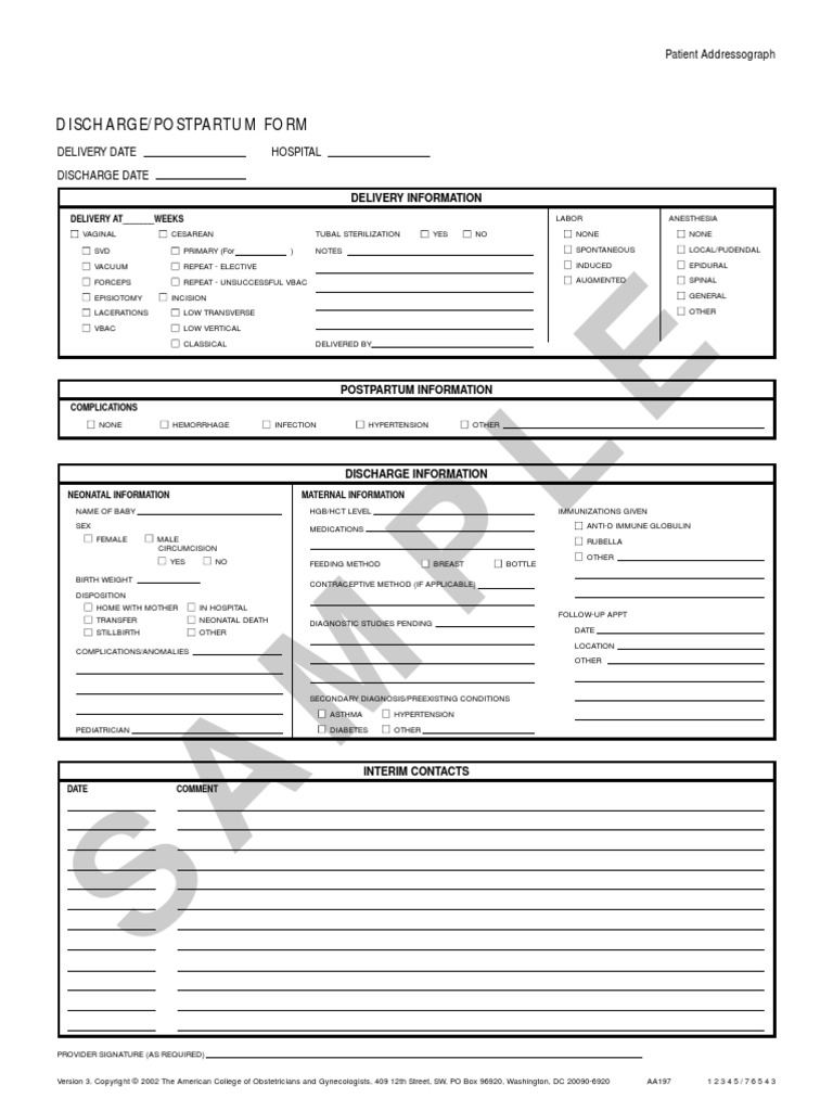 ACOG Postpartum Discharge Form PDF Childbirth Postpartum Period