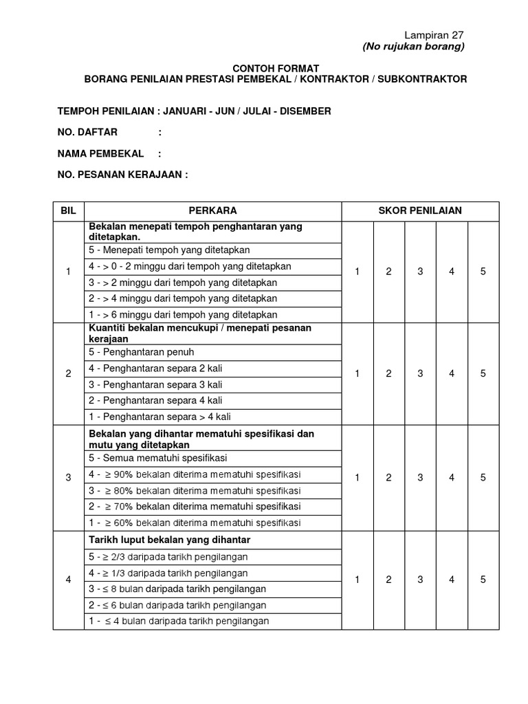 Contoh Borang Penilaian Prestasi Pembekal