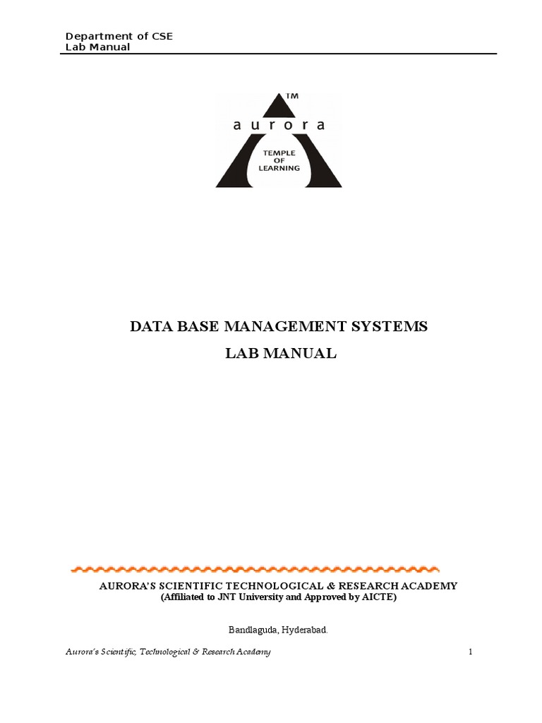 DBMS Lab Manual 201617 PDF Databases Sql
