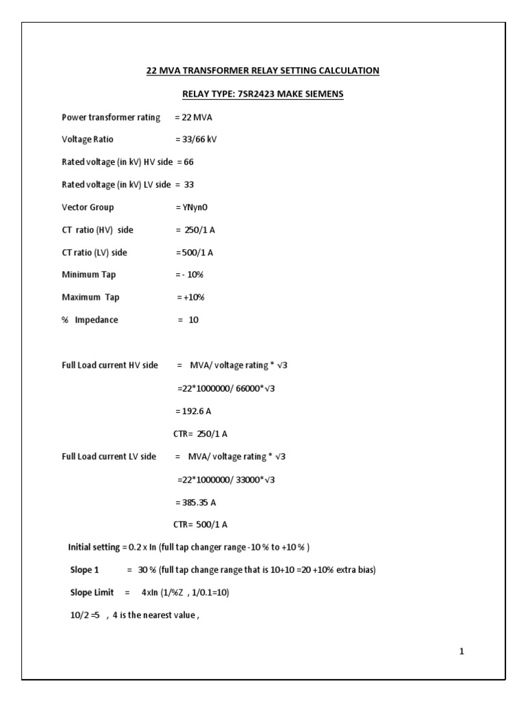 Transformer Relay Setting Calculation | PDF | Transformer ...