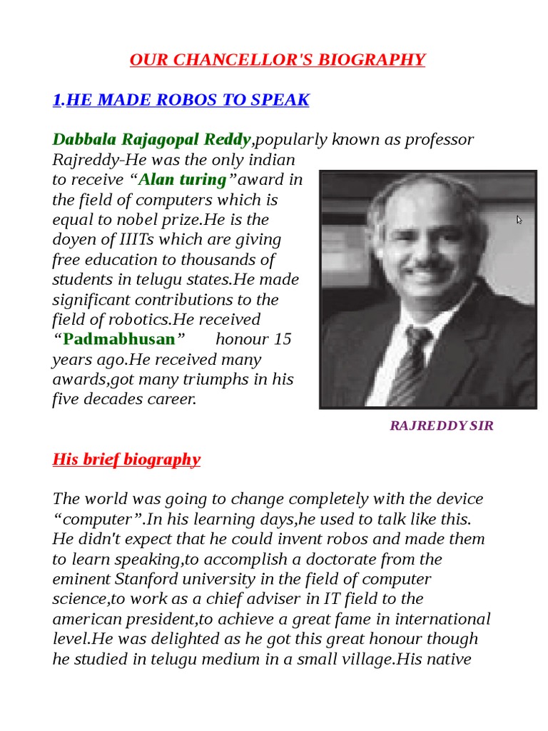 Our Chancellor Dabbala Rajagopal Reddy Biography | PDF | Robot | Robotics