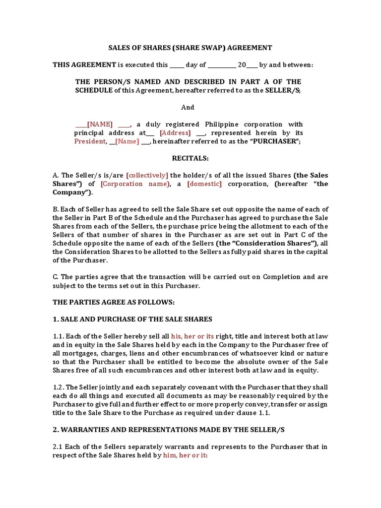 Stock or Share Swap Agreement (Draft) PDF Board Of Directors