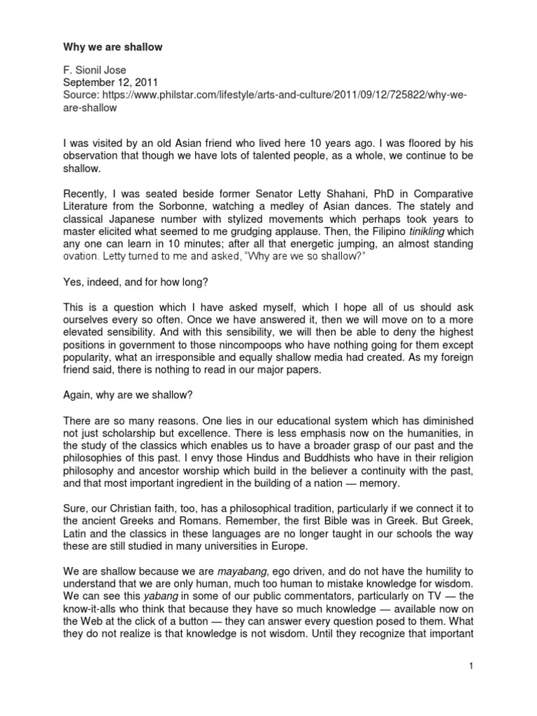 Why we are shallow f sionil jose pdf wisdom traditions