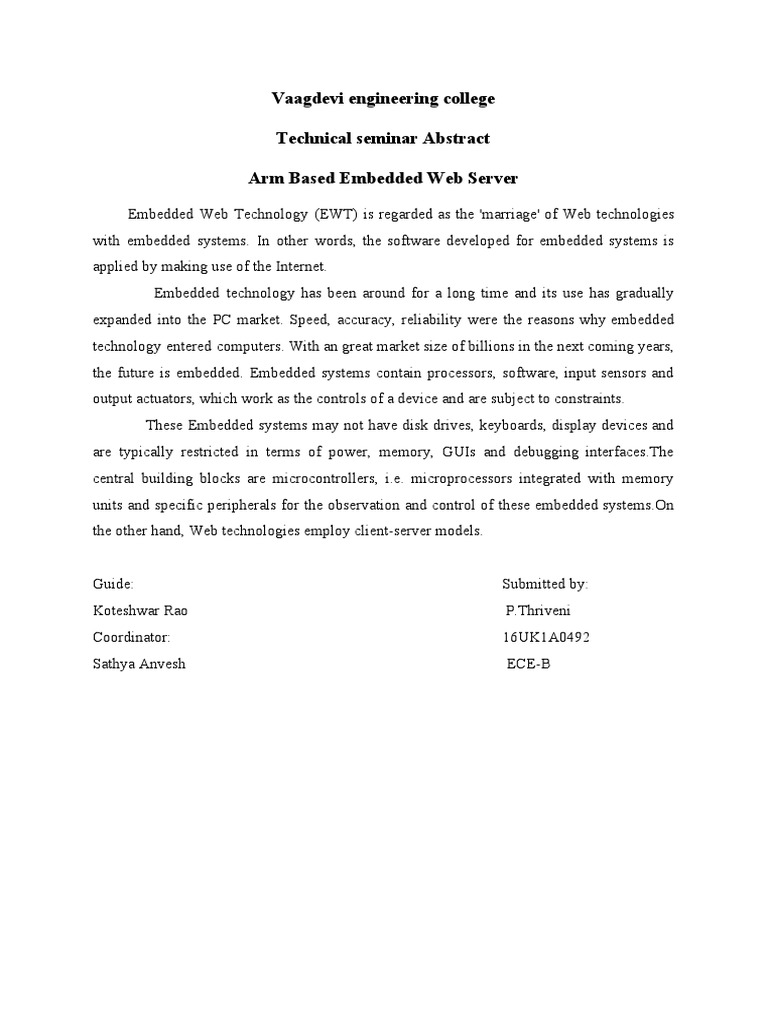 Vaagdevi Engineering College Technical Seminar Abstract Arm Based