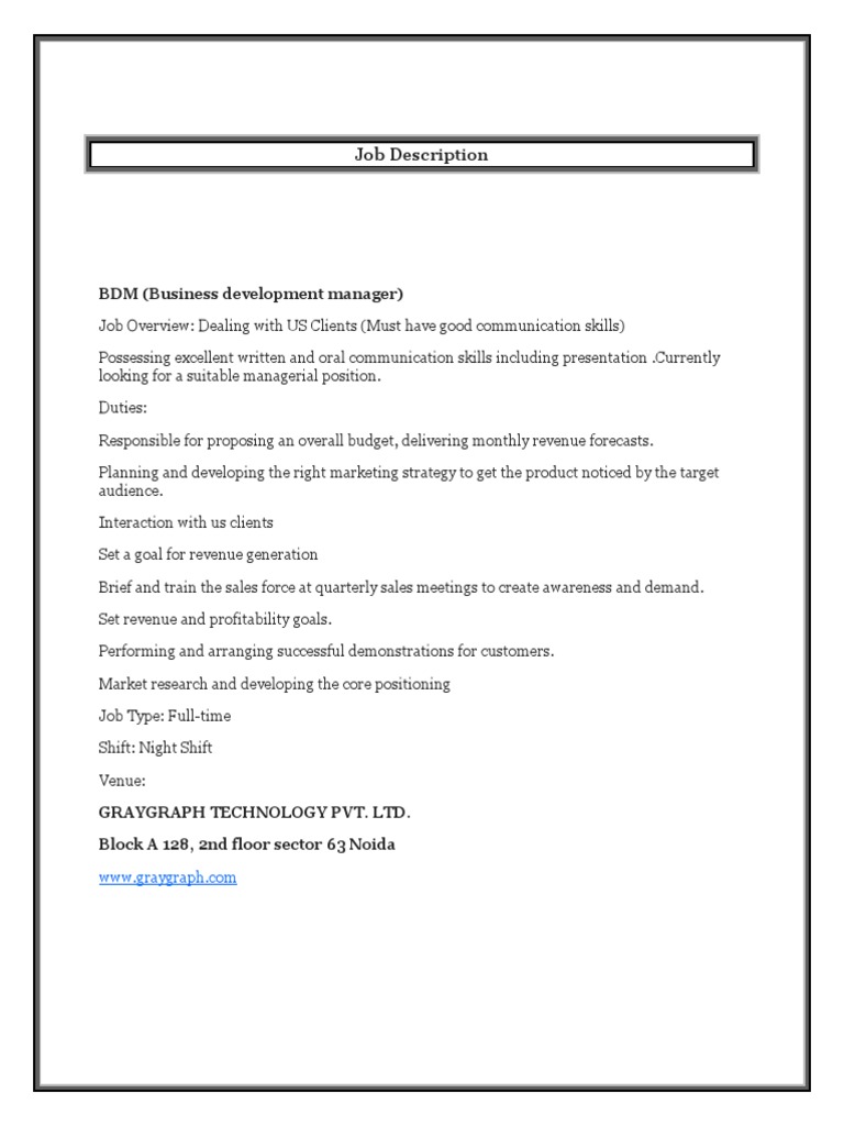 Job Description: BDM (Business Development Manager) PDF