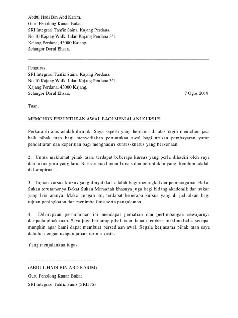 Surat Permohonan Peruntukan Awal Menjalani Kursus Pdf