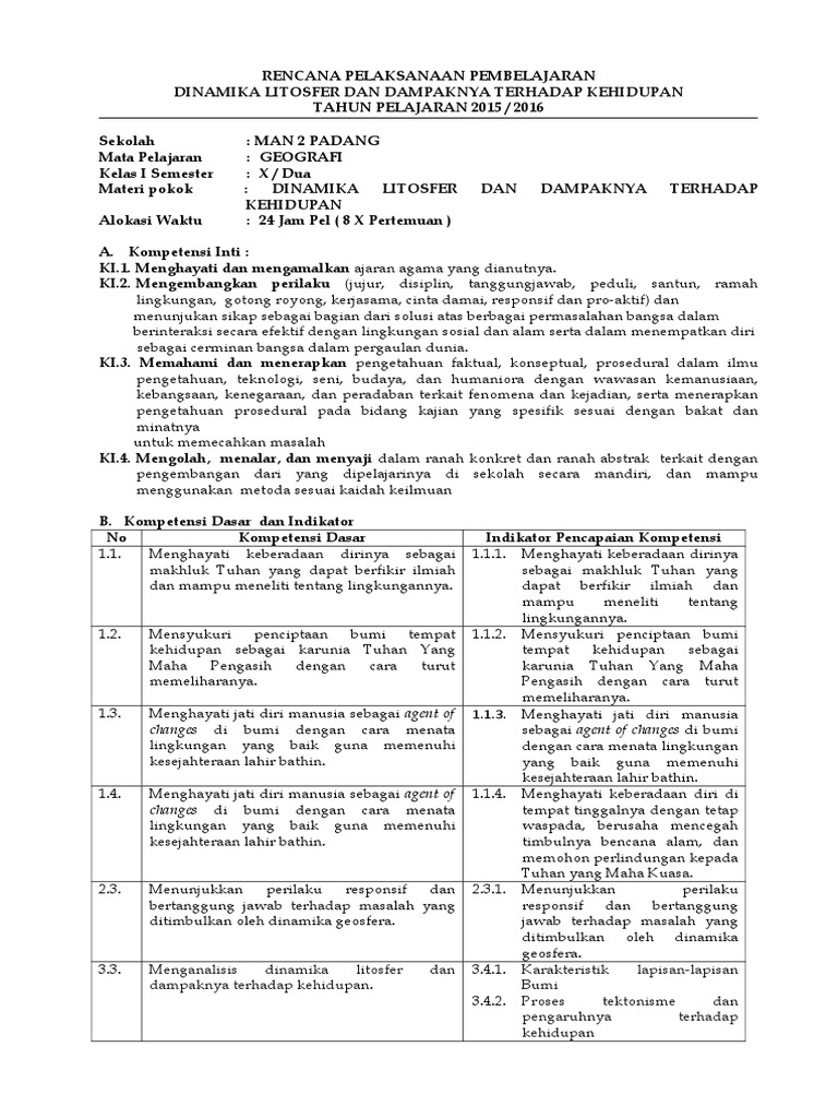 Rpp Kelas X 3 5 4 5 Dinamika Litosfer Dan Dampaknya Terhadap Kehidupan 1
