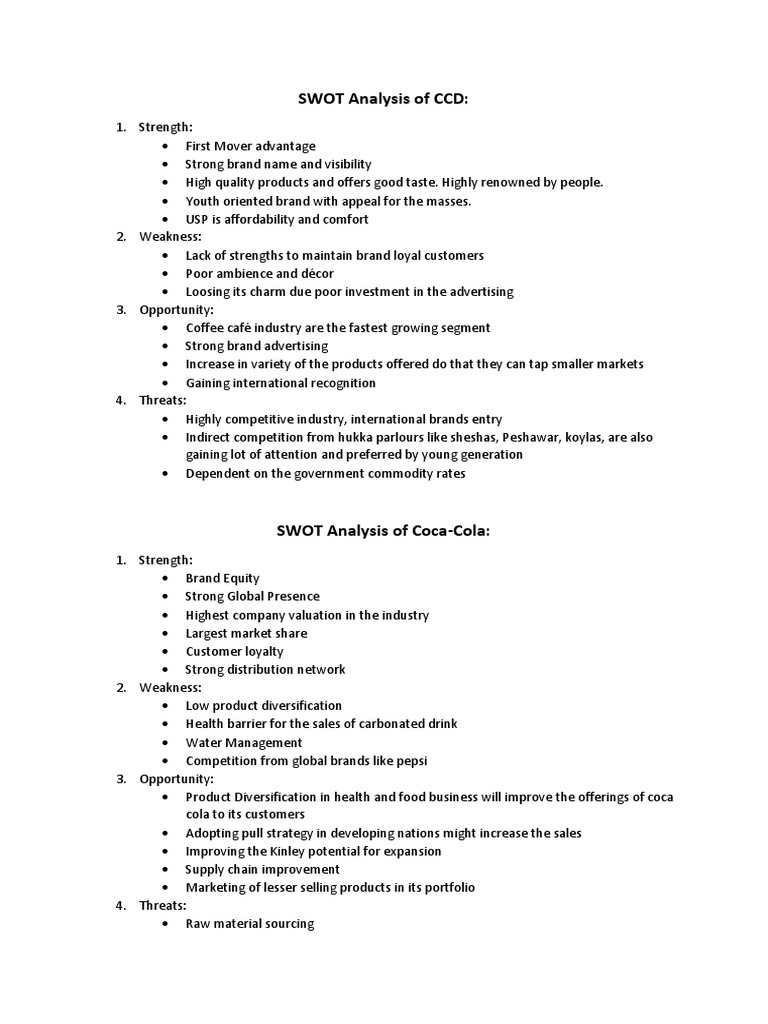 SWOT Analysis of CCD and Coca-Cola | PDF | Brand | Coca Cola