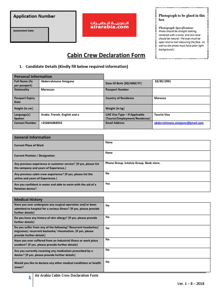Cabin Crew Declaration Form Application Number PDF Business