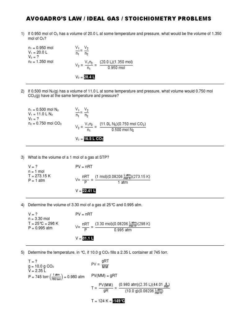 Problems Avogadroslawidealgaslawstoich Mole Unit Chemistry