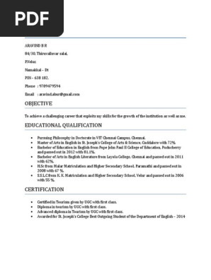 Aravind Resume Bachelor S Degree College