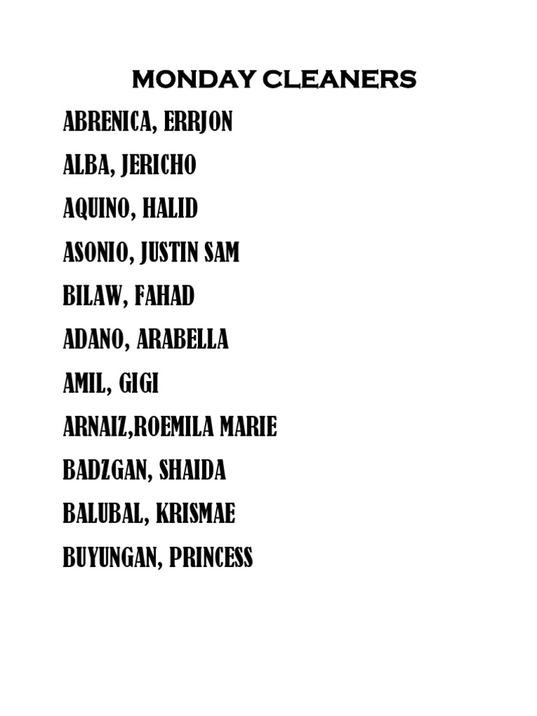 Weekly Cleaning Staff Roster | PDF
