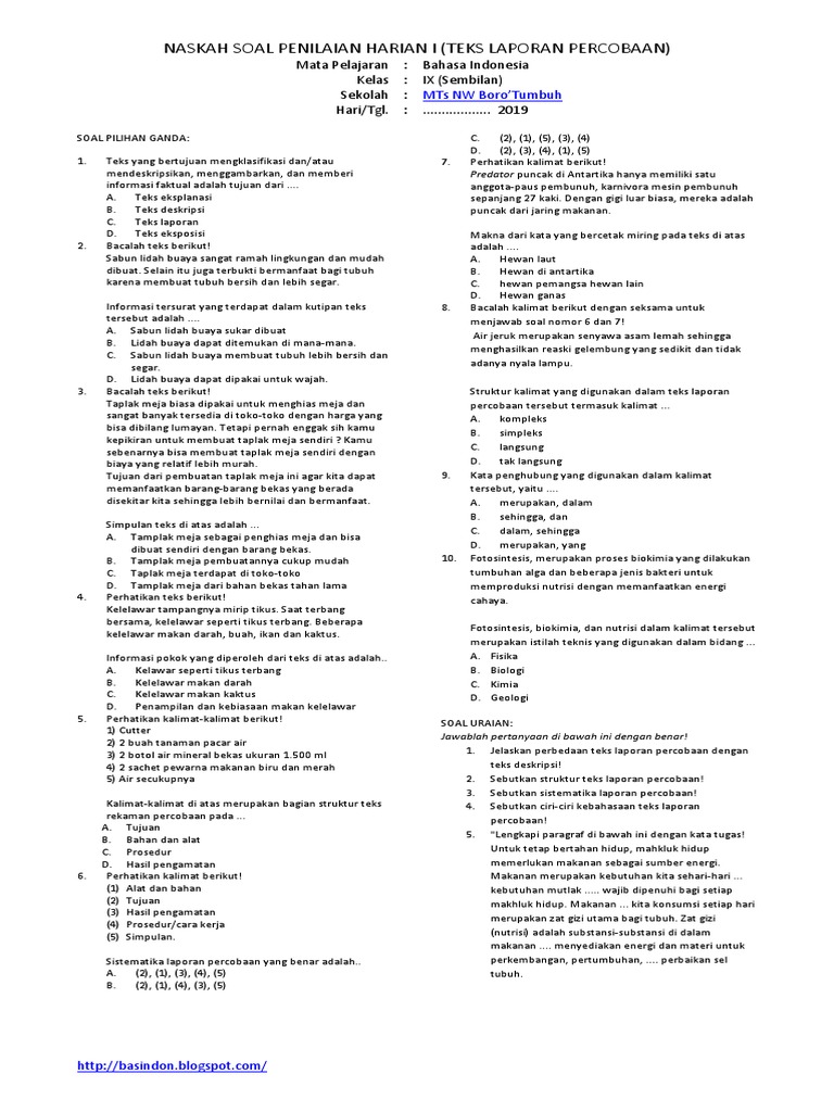 Kumpulan Soal Teks Laporan Percobaan Kelas 9