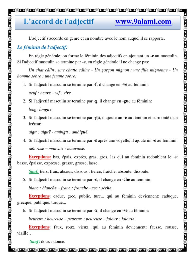 Accord De L Adjectif Qualificatif Accord de Adjectif | PDF | Genre grammatical | Nombre grammatical