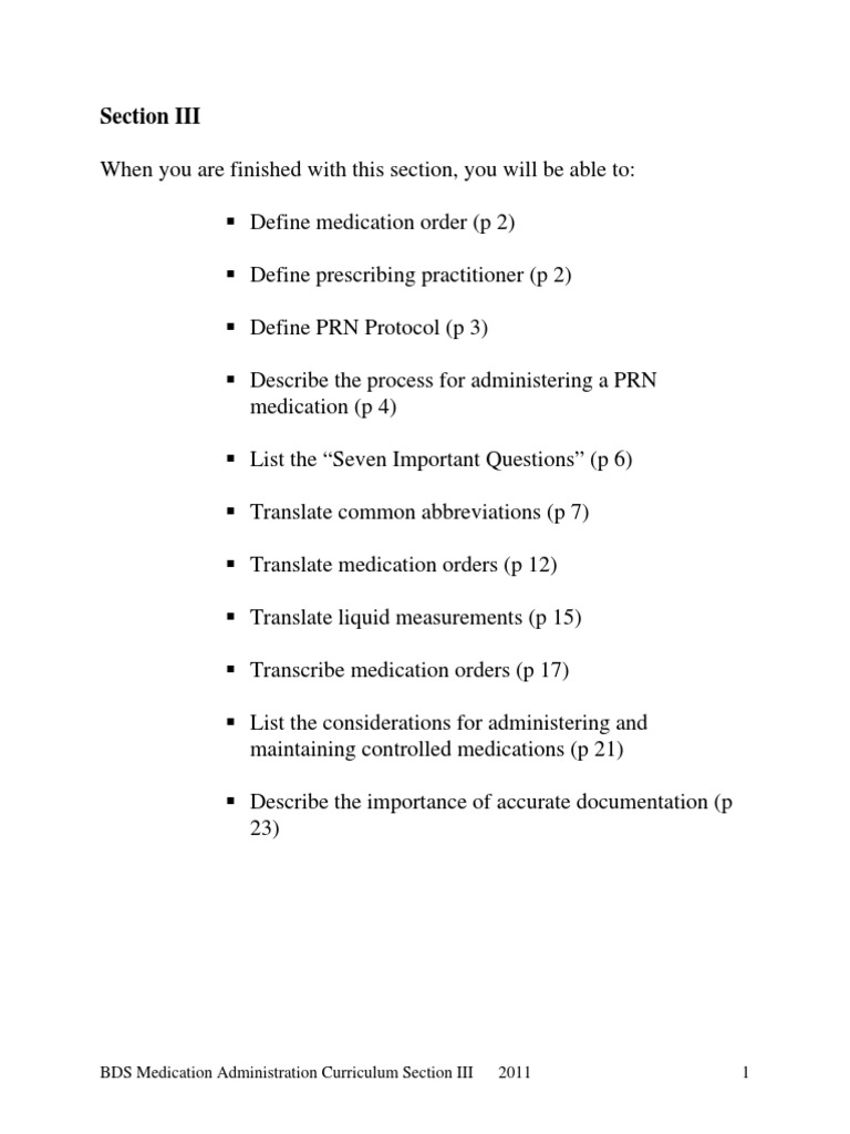 BDS Medication Administration Curriculum Section III 2011 1 | PDF ...