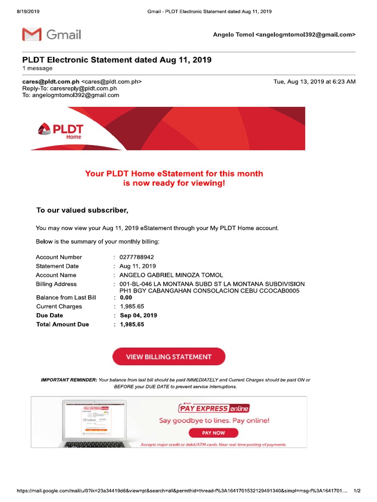 Gmail PLDT Electronic Statement Dated Aug 11, 2019 PDF
