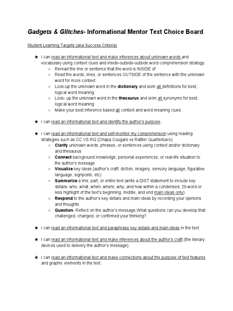 Informational Gadgets Glitches Choice Board PDF Reading