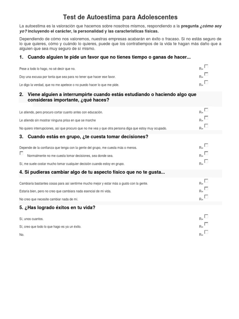 Cuestionario de Autoestima Adolescente | PDF