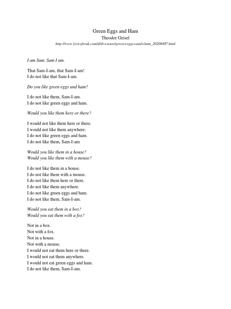 Green Eggs and Ham Poem Excerpt | PDF | Works | Egg