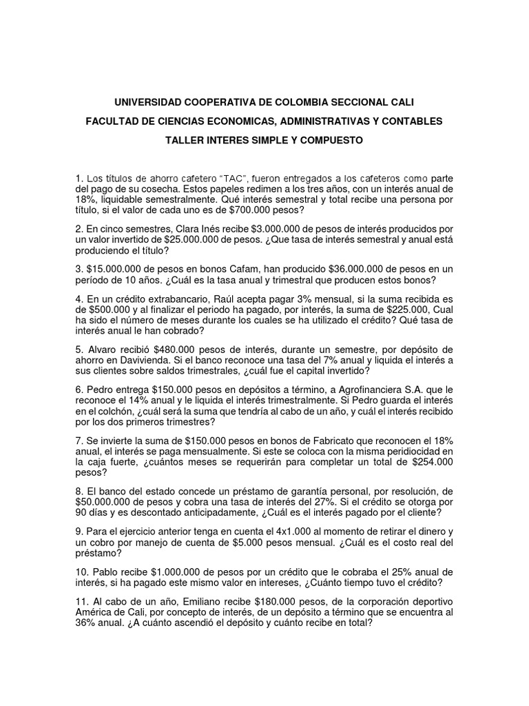 Taller Simple y Compuesto | Descargar gratis PDF | Interés | Tasas de ...