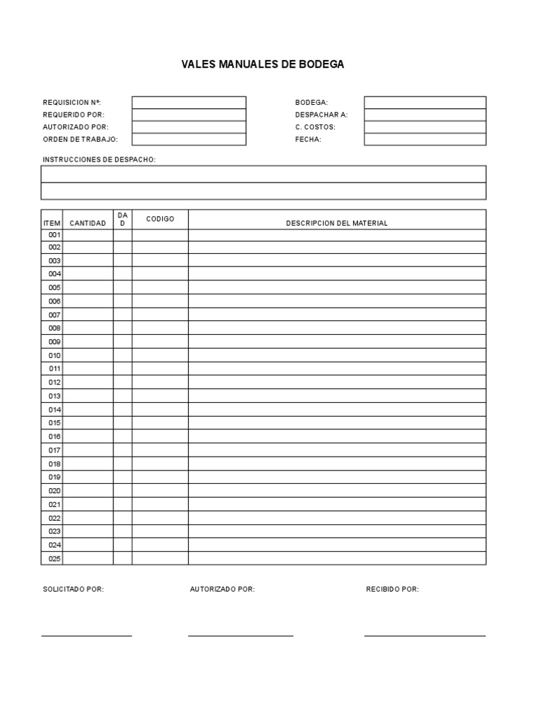Formato de Vale Manual de Bodega | PDF