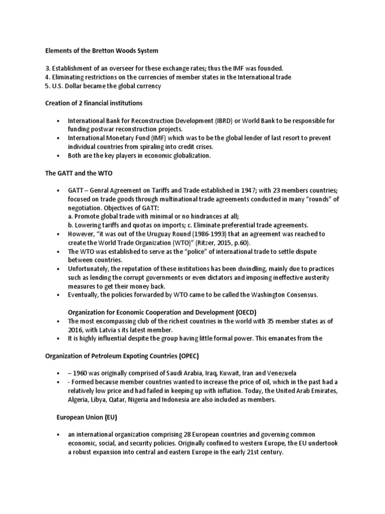 Elements of The Bretton Woods System PDF Bretton Woods System