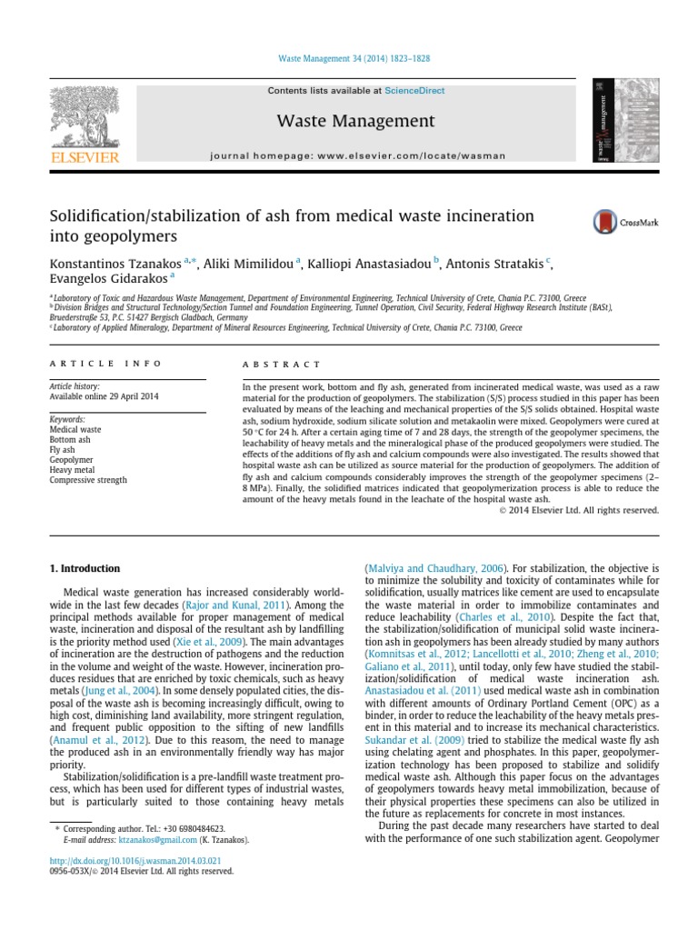 Solidi Cation/stabilization of Ash From Medical Waste Incineration Into