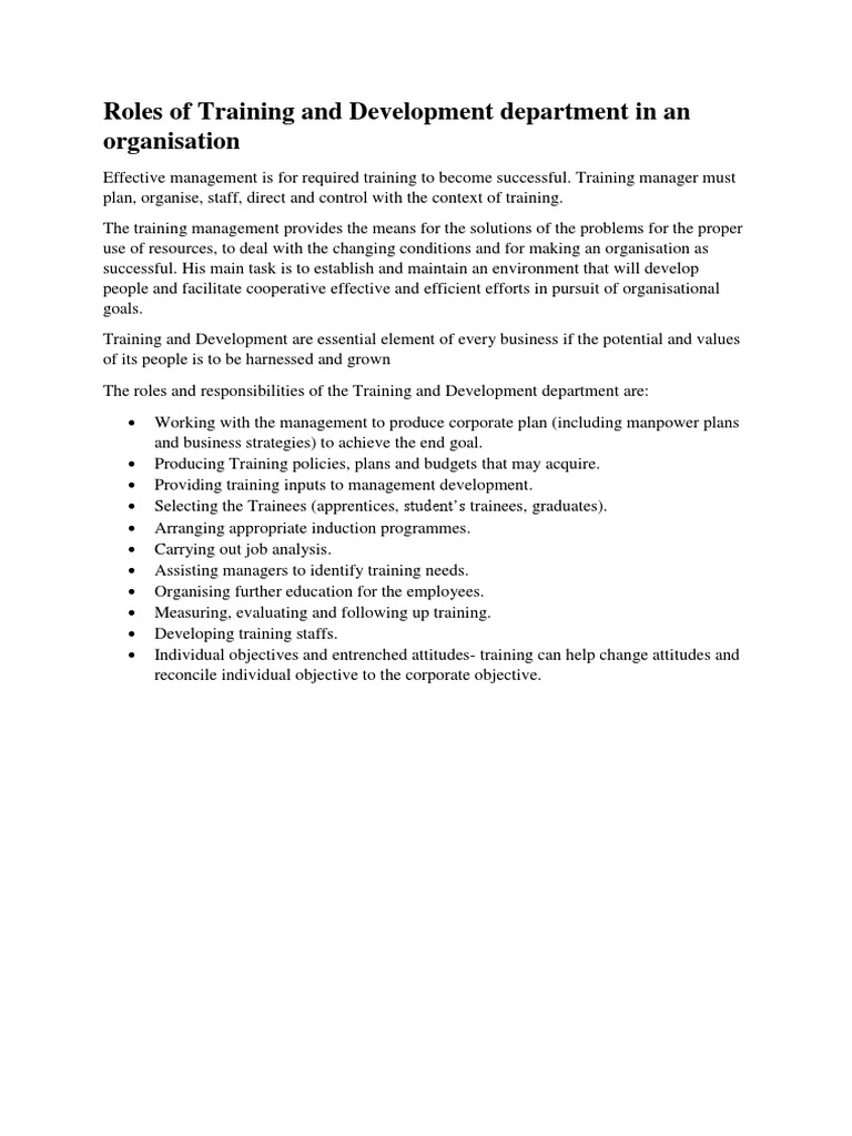 Roles of Training and Development Department in An Organisation | PDF