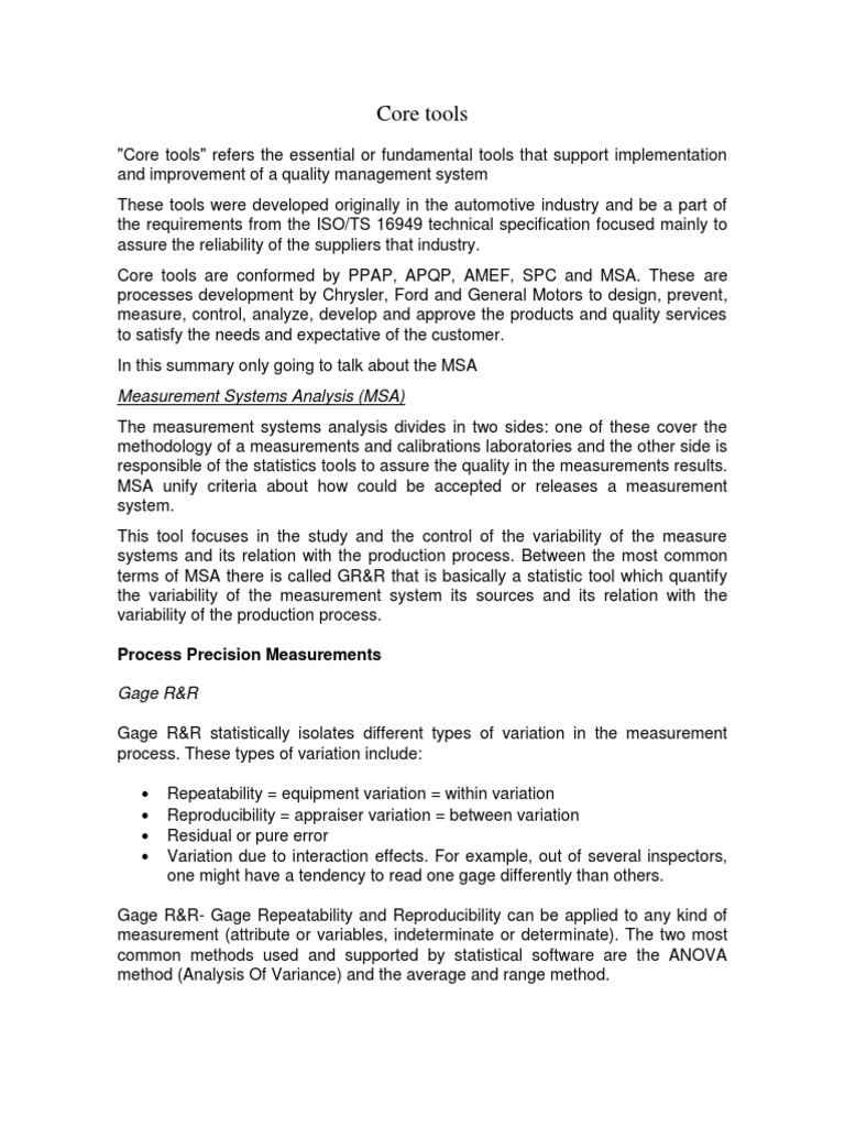 Core Tools Measurement Systems Analysis (MSA) PDF Statistics Engineering Tolerance