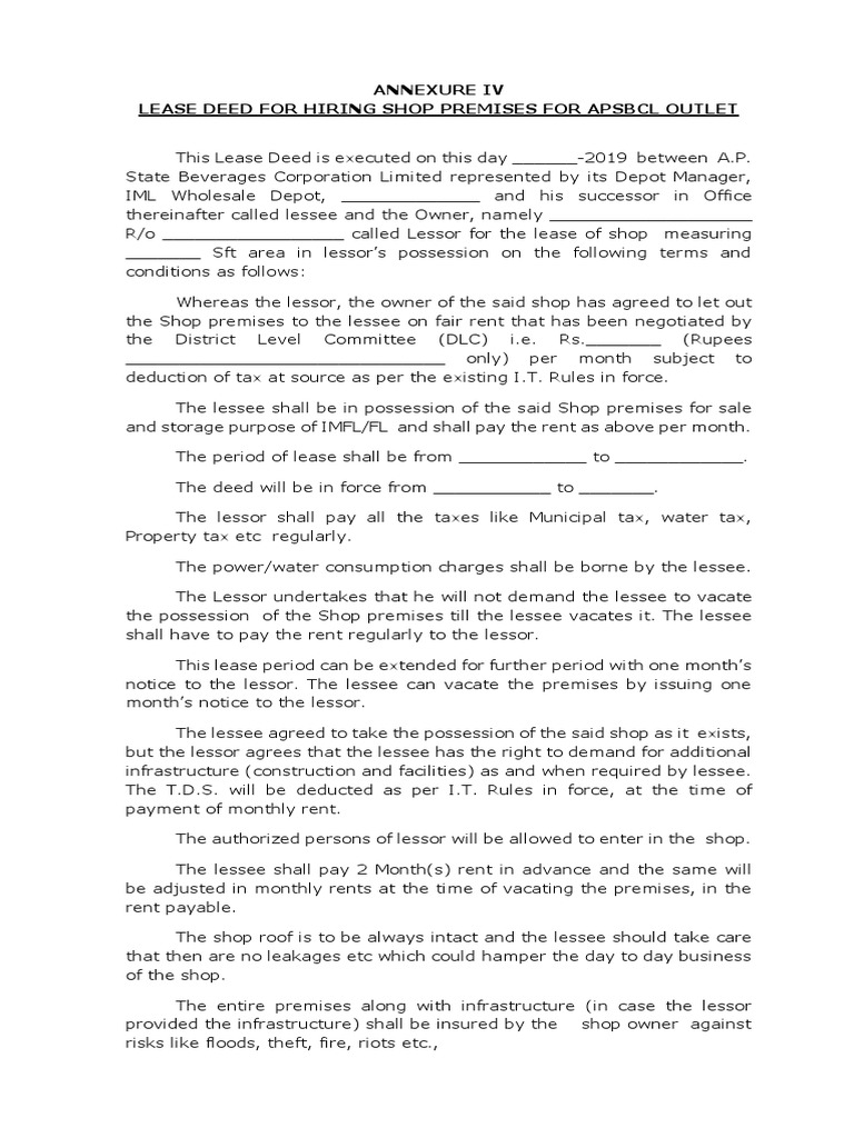 Lease Deed For Hiring Shop Premises For Apsbcl Outlet PDF | PDF | Lease ...