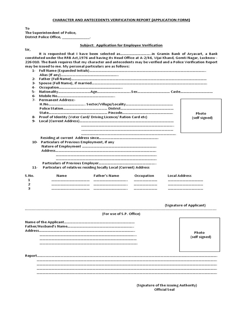 application letter format for police verification