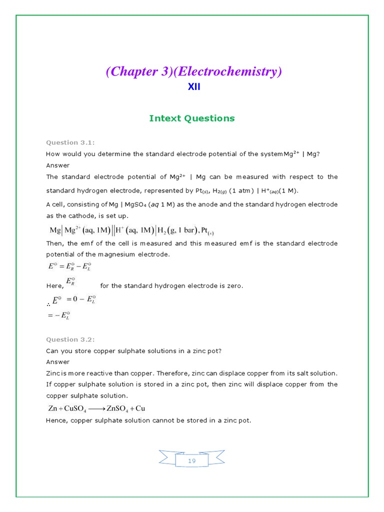 (Chapter 3) (Electrochemistry) Intext Questions PDF Redox