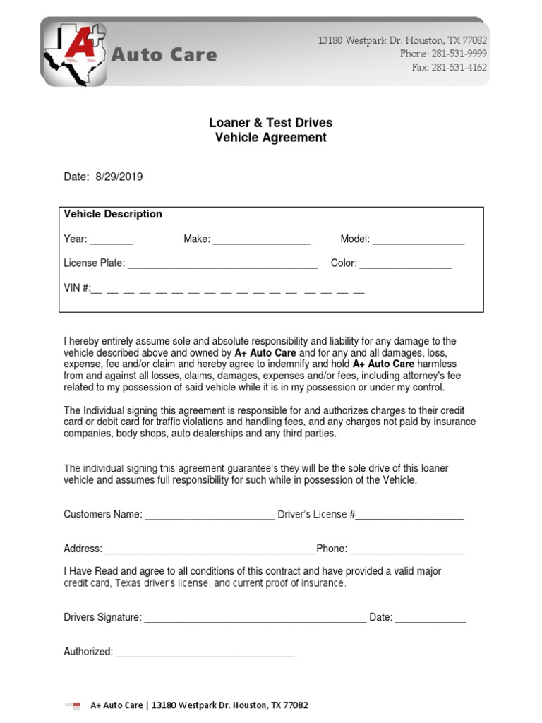 Auto Care Loaner & Test Drives Vehicle Agreement PDF