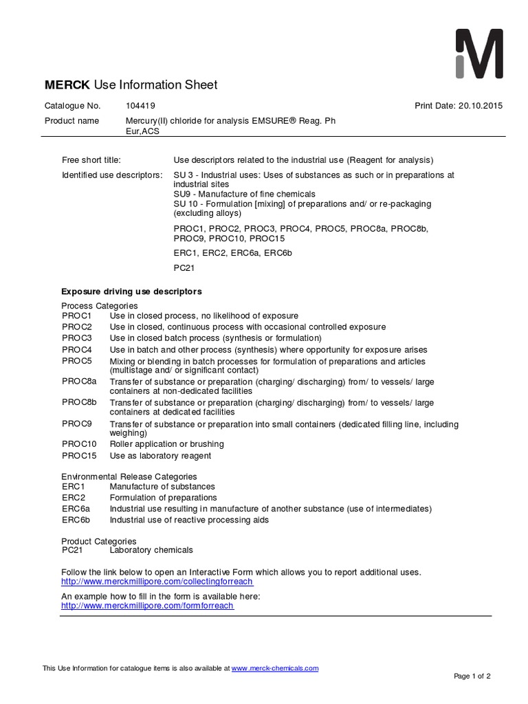 MERCK Use Information Sheet: Exposure Driving Use Descriptors | PDF ...