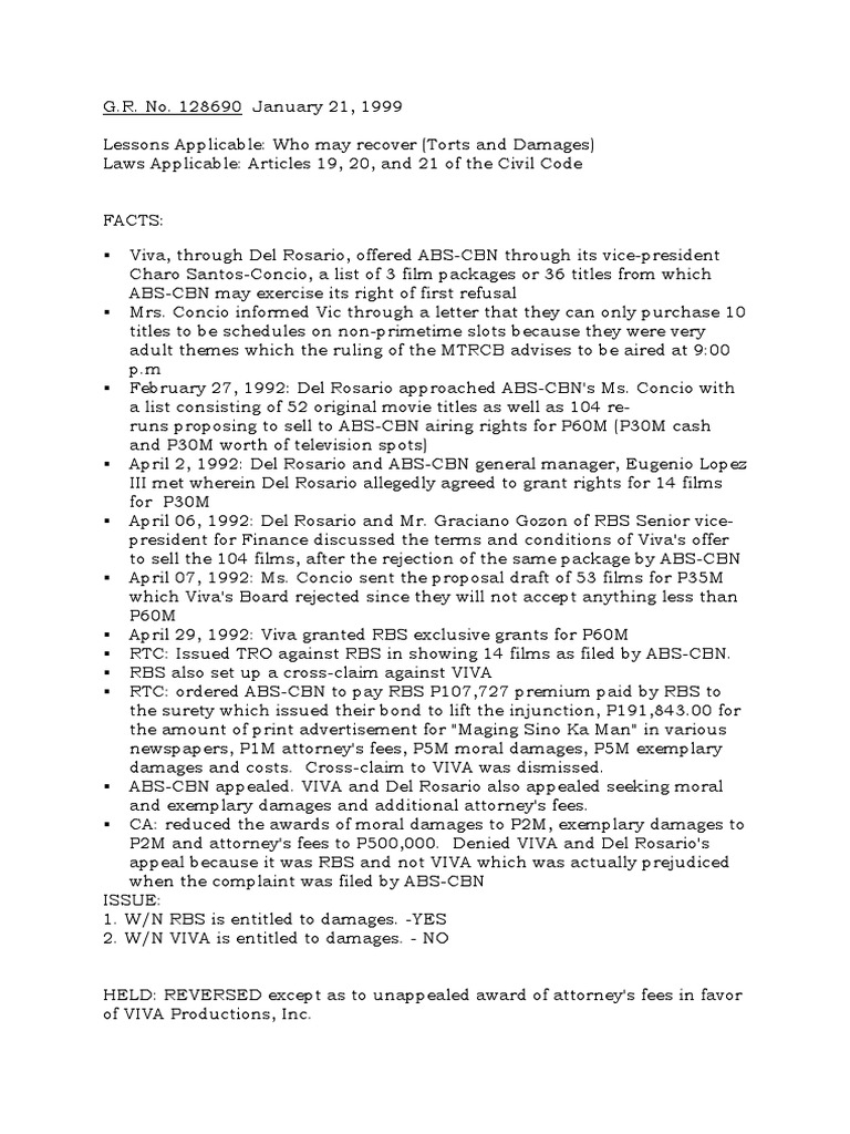 ABS-CBN v. RBS: Moral Damages Ruling | PDF | Damages | Private Law