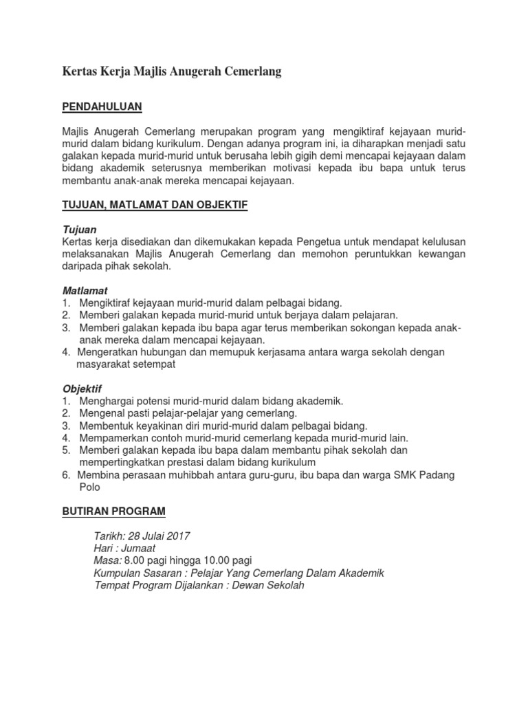 Kertas Kerja Majlis Anugerah Cemerlang Pdf