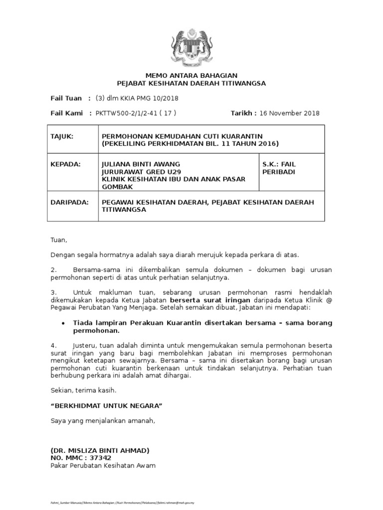 Juliana Binti Awang Cuti Kuarantin Salah satu jenis surat cuti yang mungkin paling sering ditemukan adalah cuti.