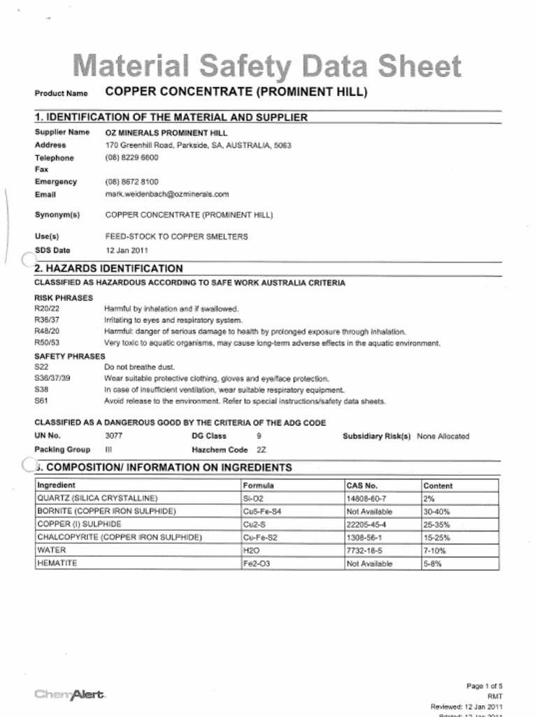 MSDS Copper Concentrate Prominent Hill PDF PDF Personal Protective