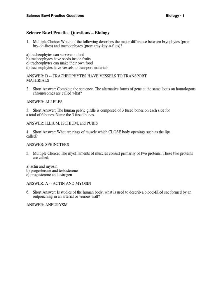 Science Bowl Practice Questions Biology 1 PDF Enzyme Carbohydrates