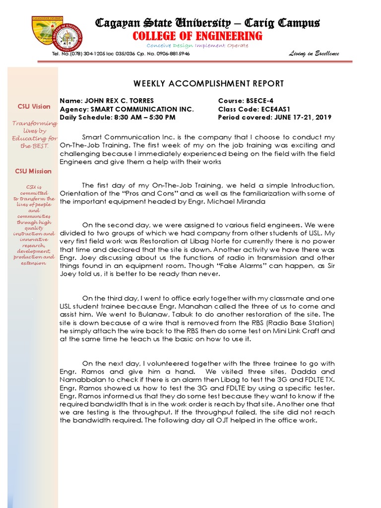 JOHN REX Weekly Accomplisment Report | PDF | Telecommunications ...