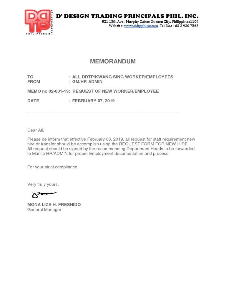 Memo On Request For New Employee | PDF