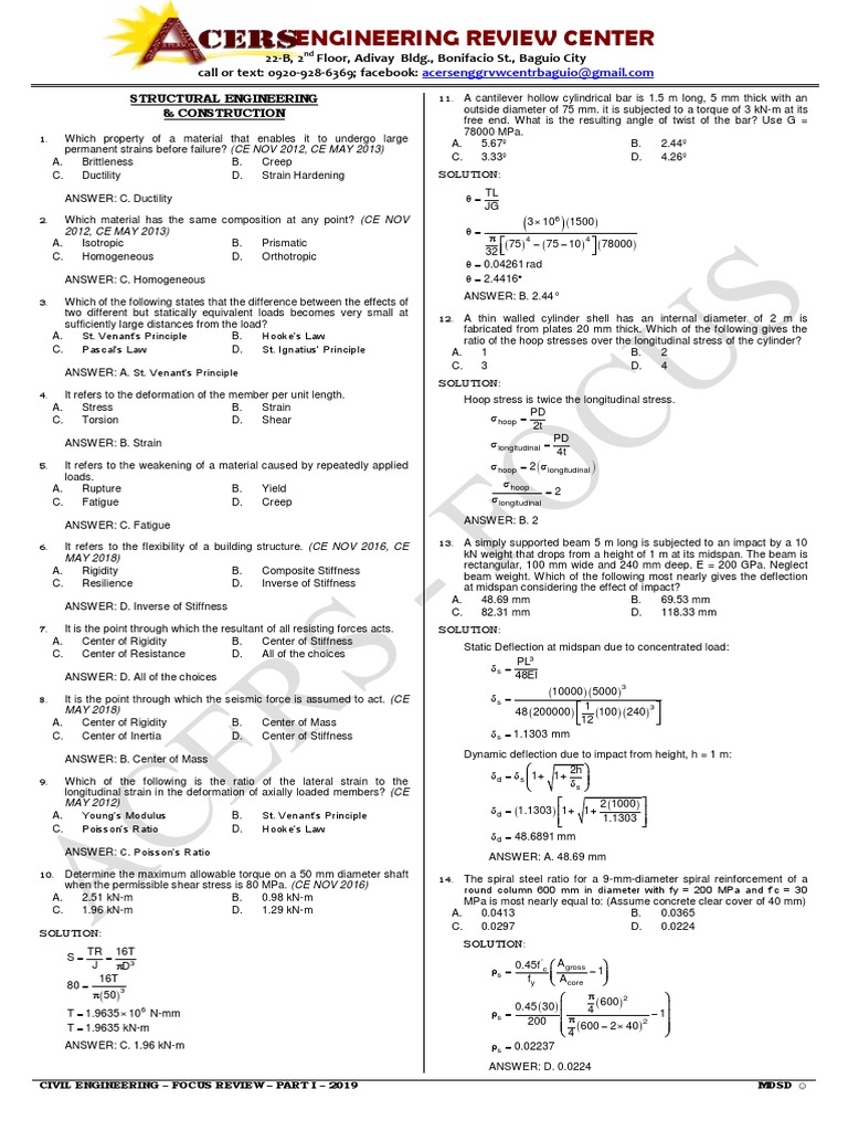 Civil Engineering Review Answer Key | PDF | Stiffness | Deformation ...