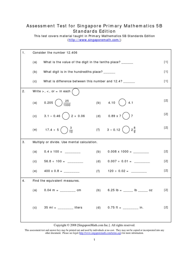 Assessment test for singapore primary mathematics 5b standards edition