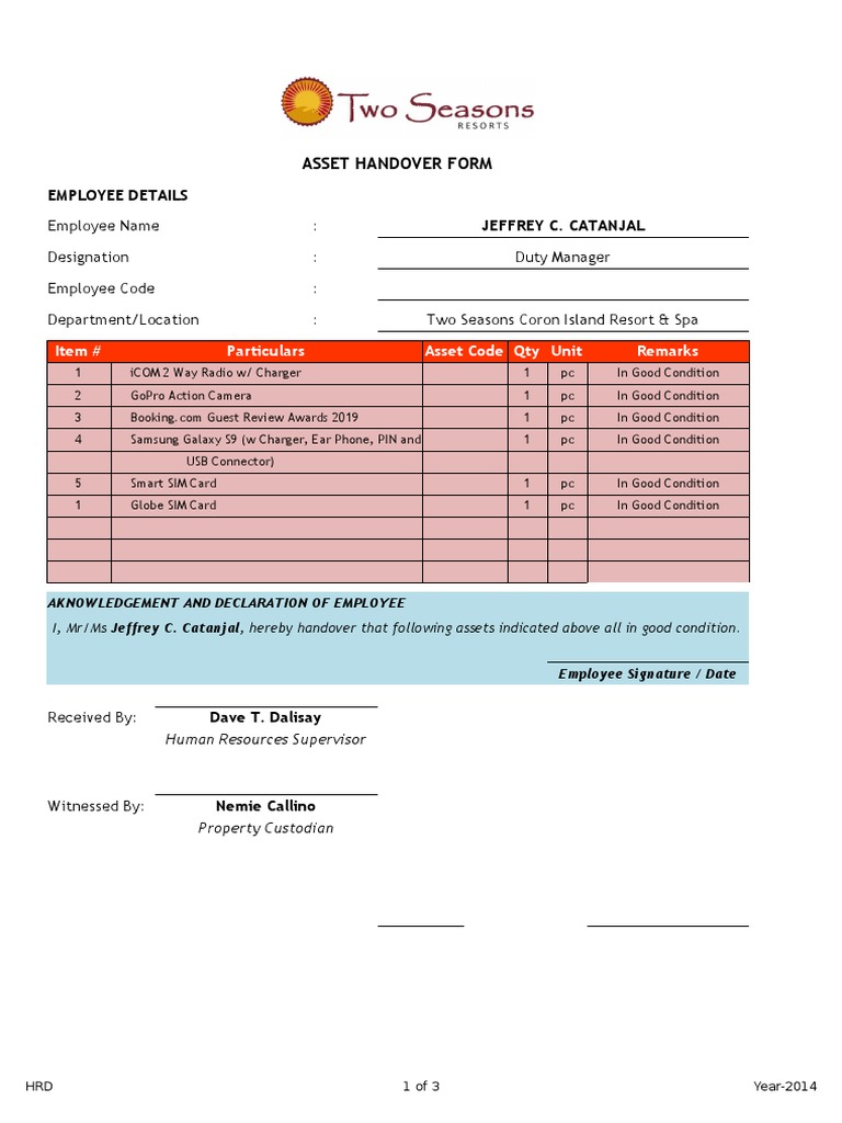 2014 Asset Handover Form for Employees | PDF