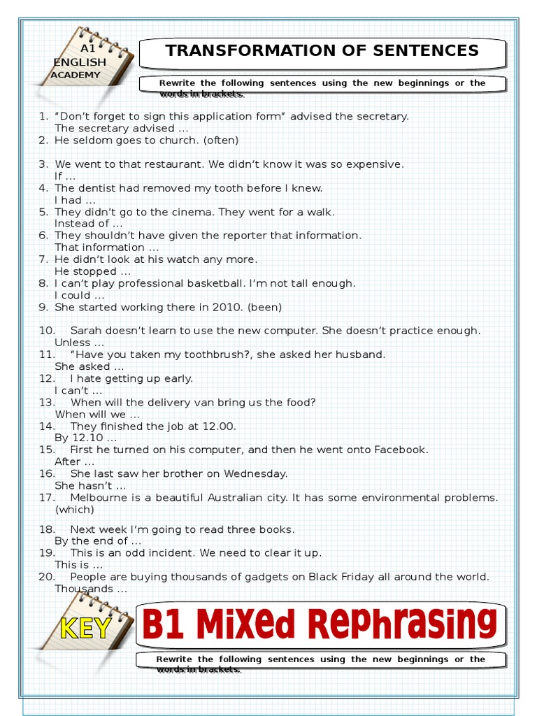 B1 Sentence Transformation Exercises | PDF