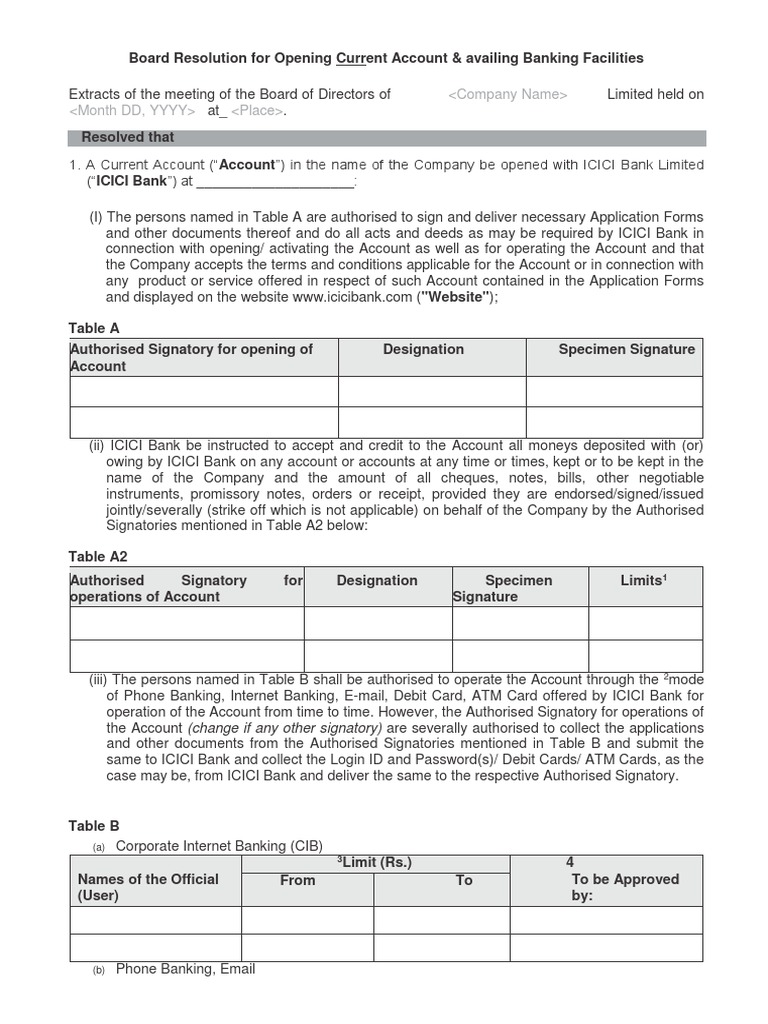 Board Resolution for Current Account Opening | PDF | Transaction ...